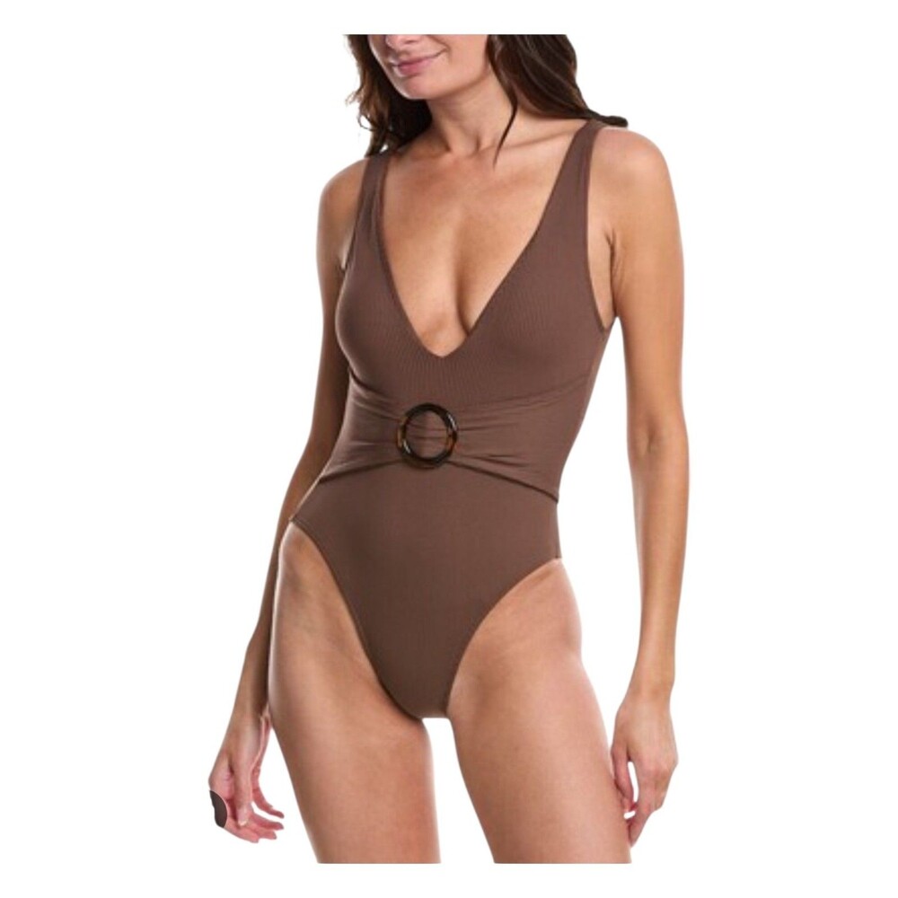 Summersalt The Ribbed Belted Backflip V Neck One Piece Swimsuit Brown Size 14
